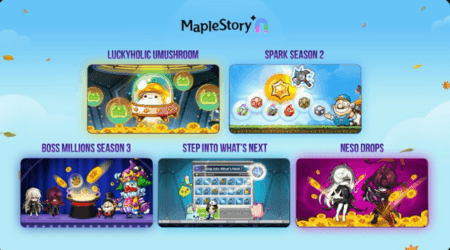 airdrops for MapleStory N - Luckyholic UMushroom, Spark Season2, Boss Millions Season3, Step Into What's Next, NESO Drops